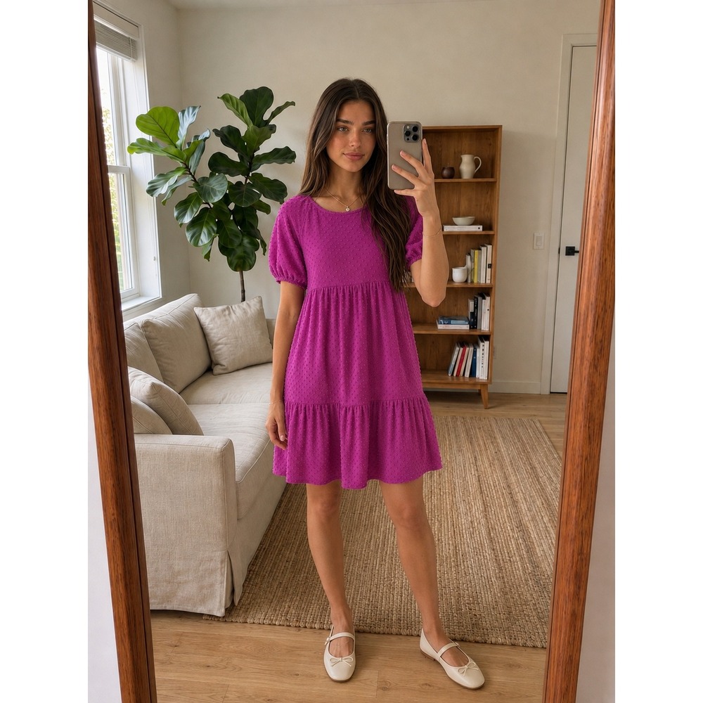 J.Crew Women Dress Medium Magenta Pink Clip Dot‎ Tiered Puff Sleeve Babydoll